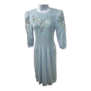 Vintage Don Sayres Wellmore SZ 8 Blue Knit &Silk Embroidered Dress Neiman Marcus